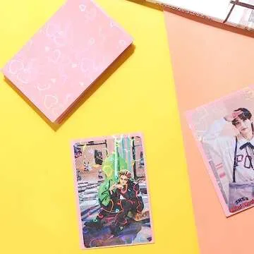 50pcs Laser Flashing Heart Kpop Photocard Sleeves 61x91mm Holographic Clear Card Sleeves Pink Card Protector Transparent Trading Card Sleeve Perfect Fit Sleeves Baseball Cards Photocard Photo
