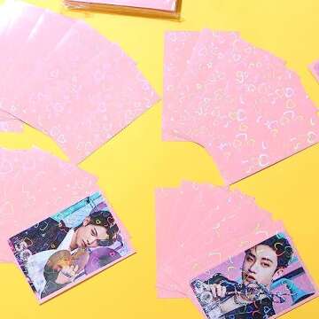 50pcs Laser Flashing Heart Kpop Photocard Sleeves 61x91mm Holographic Clear Card Sleeves Pink Card Protector Transparent Trading Card Sleeve Perfect Fit Sleeves Baseball Cards Photocard Photo