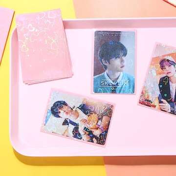 50pcs Laser Flashing Heart Kpop Photocard Sleeves 61x91mm Holographic Clear Card Sleeves Pink Card Protector Transparent Trading Card Sleeve Perfect Fit Sleeves Baseball Cards Photocard Photo