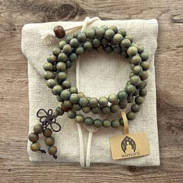 HAPPEACE 6mm Natural Fragrant Green Sandalwood 108 Mala Beads - Tibetan Buddhism Prayer Beads