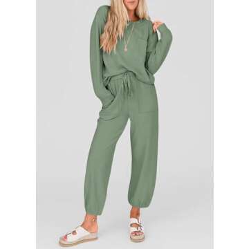 KIRUNDO Women's Spring 2 Piece Outfits Ribbed Knit Lounge Sets Long Sleeve Pullover Drawstring Jogger Pants Tracksuit Set(Bean Green, Medium)