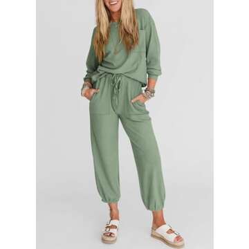 KIRUNDO Women's Spring 2 Piece Outfits Ribbed Knit Lounge Sets Long Sleeve Pullover Drawstring Jogger Pants Tracksuit Set(Bean Green, Medium)