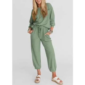 KIRUNDO Women's Spring 2 Piece Outfits Ribbed Knit Lounge Sets Long Sleeve Pullover Drawstring Jogger Pants Tracksuit Set(Bean Green, Medium)