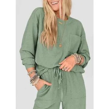 KIRUNDO Women's Spring 2 Piece Outfits Ribbed Knit Lounge Sets Long Sleeve Pullover Drawstring Jogger Pants Tracksuit Set(Bean Green, Medium)