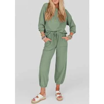 KIRUNDO Women's Spring 2 Piece Outfits Ribbed Knit Lounge Sets Long Sleeve Pullover Drawstring Jogger Pants Tracksuit Set(Bean Green, Medium)
