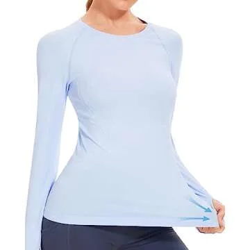 Stelle Women Workout Shirts Seamless Long Sleeve Yoga Tops with Thumb Holes for Sports Running Breathable Athletic Slim Fit Blue