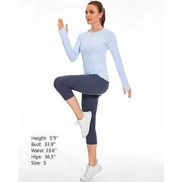Stelle Women Workout Shirts Seamless Long Sleeve Yoga Tops with Thumb Holes for Sports Running Breathable Athletic Slim Fit Blue