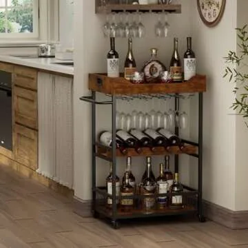 Elegant X-cosrack Bar Cart with Wine Rack | Rustic Brown Mobile Serving Cart