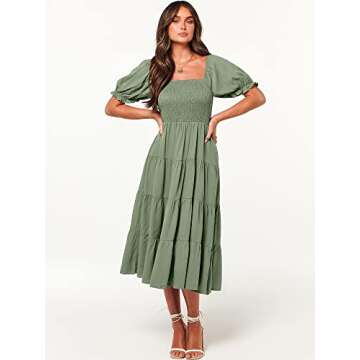 ANRABESS Women's Casual 2024 Summer Fashion Midi Dress Puff Short Sleeve Square Neck Smocked Tiered ...