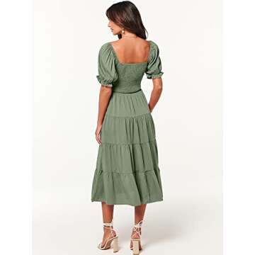 ANRABESS Women's Casual 2024 Summer Fashion Midi Dress Puff Short Sleeve Square Neck Smocked Tiered Boho Beach Dresses Army Green-M