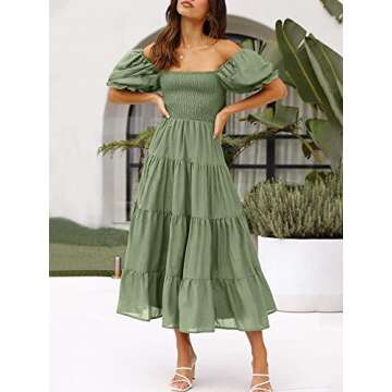 ANRABESS Women's Casual 2024 Summer Fashion Midi Dress Puff Short Sleeve Square Neck Smocked Tiered Boho Beach Dresses Army Green-M