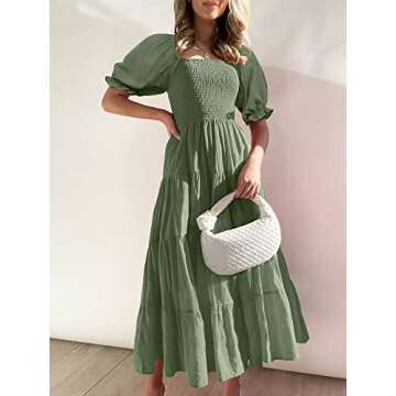 ANRABESS Women's Casual 2024 Summer Fashion Midi Dress Puff Short Sleeve Square Neck Smocked Tiered Boho Beach Dresses Army Green-M