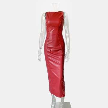 XLLAIS Women's Faux PU Leather Bodycon Maxi Dress Sexy Boatneck Tank Long Dresses (Red, X-Large)