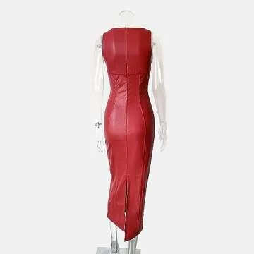 XLLAIS Women's Faux PU Leather Bodycon Maxi Dress Sexy Boatneck Tank Long Dresses (Red, X-Large)