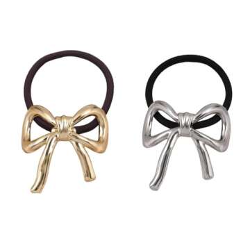 Metal Bow Hair Tie Ponytail Holders Hair Cuff Gold & Silver Metal Hair Ties Scrunchies Hair Accessories for Women Hair Elastic Rubber Bands for Hair No Damage 2 PCS (style-01)