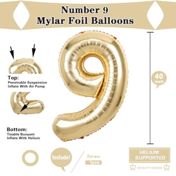 Giant White Gold Number 9 Balloon for Birthday Decor