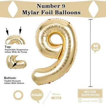 Giant White Gold Number 9 Balloon for Birthday Decor