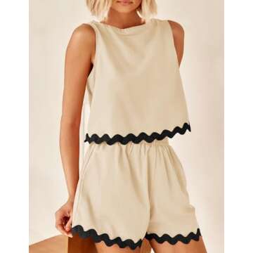 ZESICA Women's 2024 Summer 2 Piece Outfits Set Linen Lace Trim Crewneck Tank Crop Top and Shorts Lou...