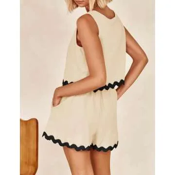 ZESICA Women's 2024 Summer 2 Piece Outfits Set Linen Lace Trim Crewneck Tank Crop Top and Shorts Lounge Pajama Sets,Apricot,Large