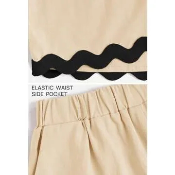 ZESICA Women's 2024 Summer 2 Piece Outfits Set Linen Lace Trim Crewneck Tank Crop Top and Shorts Lounge Pajama Sets,Apricot,Large