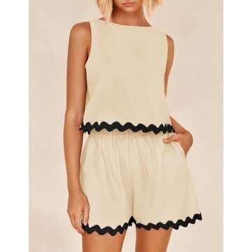 ZESICA Women's 2024 Summer 2 Piece Outfits Set Linen Lace Trim Crewneck Tank Crop Top and Shorts Lounge Pajama Sets,Apricot,Large