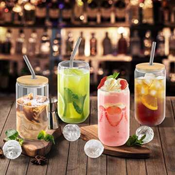 Teencci Glass Cups With Bamboo Lids And Glass Straw, 16oz Thick Drinking Glasses Cups Set Of 6,Can S...
