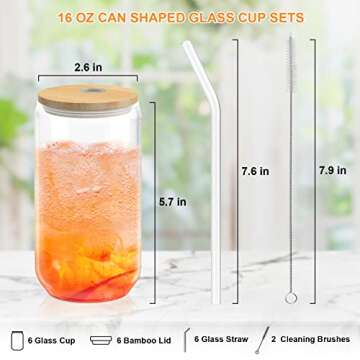Teencci Glass Cups With Bamboo Lids And Glass Straw, 16oz Thick Drinking Glasses Cups Set Of 6,Can Shaped Glass Cups, Beer Glasses, Iced Coffee Glasses, Cocktails, Whiskey, Water - 2 Cleaning Brushes