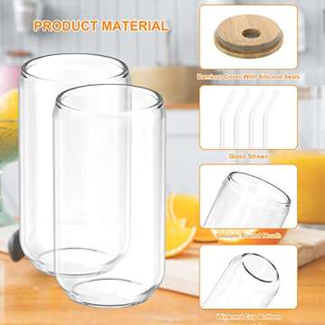 Teencci Glass Cups With Bamboo Lids And Glass Straw, 16oz Thick Drinking Glasses Cups Set Of 6,Can Shaped Glass Cups, Beer Glasses, Iced Coffee Glasses, Cocktails, Whiskey, Water - 2 Cleaning Brushes