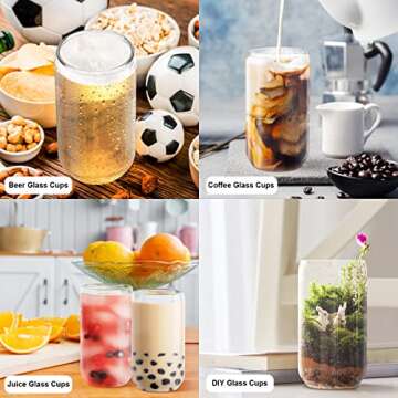 Teencci Glass Cups With Bamboo Lids And Glass Straw, 16oz Thick Drinking Glasses Cups Set Of 6,Can Shaped Glass Cups, Beer Glasses, Iced Coffee Glasses, Cocktails, Whiskey, Water - 2 Cleaning Brushes