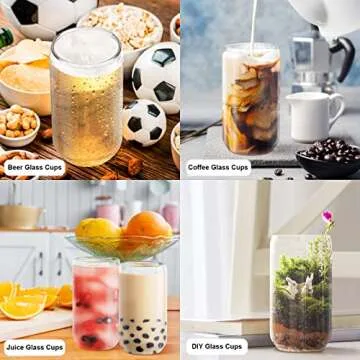 Teencci Glass Cups With Bamboo Lids And Glass Straw, 16oz Thick Drinking Glasses Cups Set Of 6,Can Shaped Glass Cups, Beer Glasses, Iced Coffee Glasses, Cocktails, Whiskey, Water - 2 Cleaning Brushes