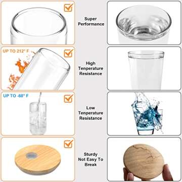 Teencci Glass Cups With Bamboo Lids And Glass Straw, 16oz Thick Drinking Glasses Cups Set Of 6,Can Shaped Glass Cups, Beer Glasses, Iced Coffee Glasses, Cocktails, Whiskey, Water - 2 Cleaning Brushes