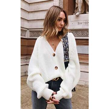 Angashion Women's V Neck Cable Knit Cardigan - White Sweater