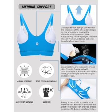 KIMTREE Longline Sports Bras for Women,U Back Padded Medium Support Wireless Yoga Workout Sports Bra with Removable Cups(WX2966_Blue_M)