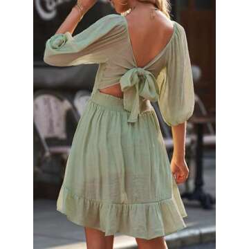 Dokotoo Womens Square Neck Sexy Dress Shirred Elastic Waist Long Lantern Sleeve Ruffle Tie Back A-Li...