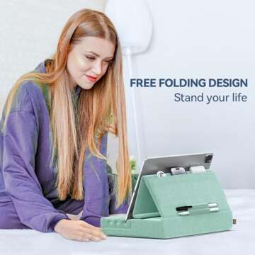 KDD Tablet Pillow Holder, Foldable iPad Stand for Lap, Bed and Desk -Tablet Soft Pad Dock with Pocke...