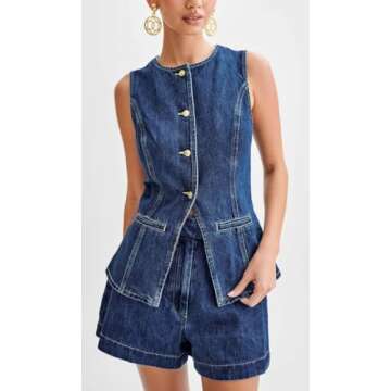 ELFTOWN Women's Denim 2 Piece Outfits Casual Button Down Sleeveless Top Trendy High Waist Jean Short...