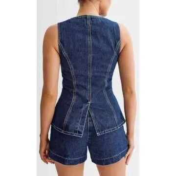 ELFTOWN Women's Denim 2 Piece Outfits Casual Button Down Sleeveless Top Trendy High Waist Jean Shorts (Medium, Blue-1)