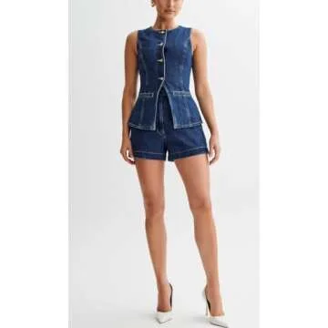 ELFTOWN Women's Denim 2 Piece Outfits Casual Button Down Sleeveless Top Trendy High Waist Jean Shorts (Medium, Blue-1)
