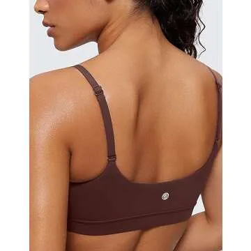 CRZ YOGA Womens Butterluxe Adjustable Spaghetti Strap Sports Bra - Scoop Neck Wireless Padded Yoga Workout Crop Top Taupe Small