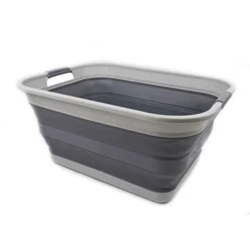 SAMMART 42L(11 gallon) Collapsible Plastic Laundry Basket-Foldable Pop Up Storage Container/Organizer-Portable Washing Tub-Space Saving,Water capacity 34L(9 gallon) (1 Rectangular - strengthen, Grey)