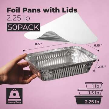 Fit Meal Prep [50 Pack 2.25 lb Aluminum Foil Pans with Lids, Disposable Take Out Food Containers wit...