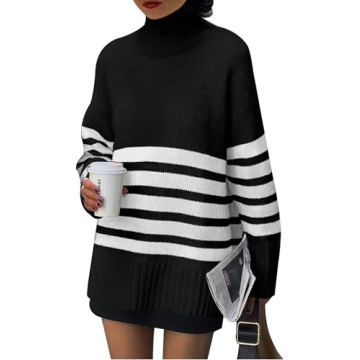 PRETTYGARDEN Women's Oversized Striped Sweaters Fall Casual Long Sleeve Turtleneck Pullover Chunky K...