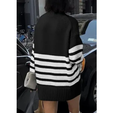 PRETTYGARDEN Women's Oversized Striped Sweaters Fall Casual Long Sleeve Turtleneck Pullover Chunky Knit Jumper Tops (Black,Small)