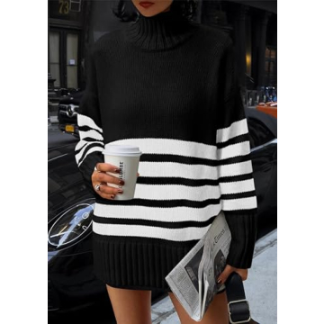 PRETTYGARDEN Women's Oversized Striped Sweaters Fall Casual Long Sleeve Turtleneck Pullover Chunky Knit Jumper Tops (Black,Small)