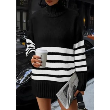 PRETTYGARDEN Women's Oversized Striped Sweaters Fall Casual Long Sleeve Turtleneck Pullover Chunky Knit Jumper Tops (Black,Small)