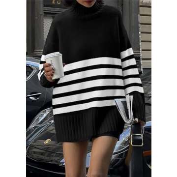 PRETTYGARDEN Women's Oversized Striped Sweaters Fall Casual Long Sleeve Turtleneck Pullover Chunky Knit Jumper Tops (Black,Small)