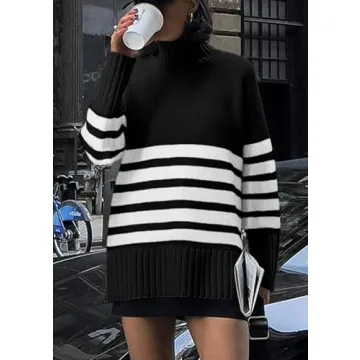 PRETTYGARDEN Women's Oversized Striped Sweaters Fall Casual Long Sleeve Turtleneck Pullover Chunky Knit Jumper Tops (Black,Small)