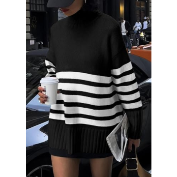 PRETTYGARDEN Women's Oversized Striped Sweaters Fall Casual Long Sleeve Turtleneck Pullover Chunky Knit Jumper Tops (Black,Small)
