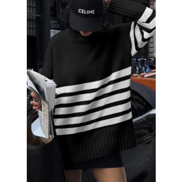PRETTYGARDEN Women's Oversized Striped Sweaters Fall Casual Long Sleeve Turtleneck Pullover Chunky Knit Jumper Tops (Black,Small)