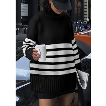 PRETTYGARDEN Women's Oversized Striped Sweaters Fall Casual Long Sleeve Turtleneck Pullover Chunky Knit Jumper Tops (Black,Small)